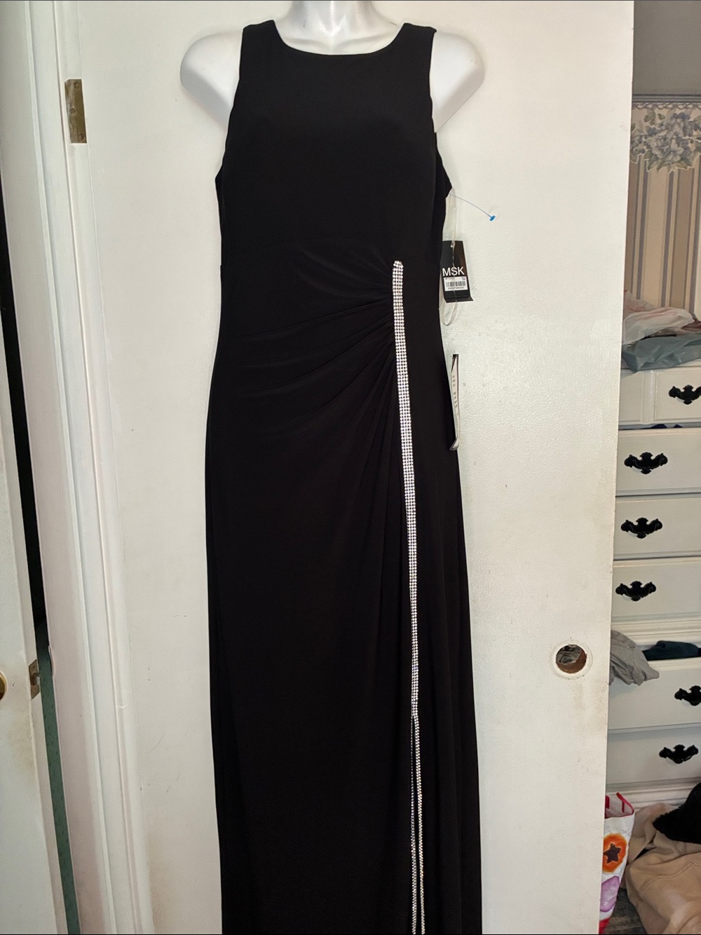 MSK Black Maxi Evening Dress with Rhinestone Side Stripe Size 6 NWT
